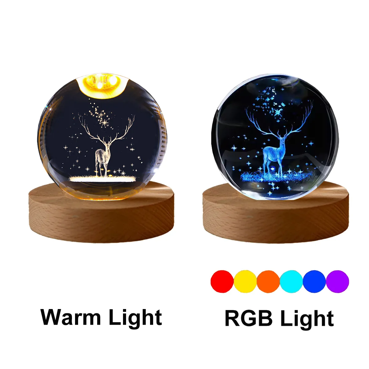 6cm Bedside Lamp Solar Theme Cosmos Series Crystal Ball Night Lights Milky Way Moon Small Ornaments for Desk Creative Gift RGB Peaceful Pleasures Health and Wellness RGB Light Deer USB Plug