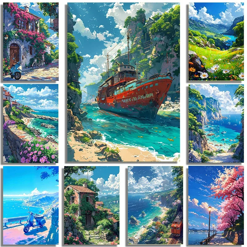 Seaside Town Landscape Canvas Wall Art | Coastal Poster Print