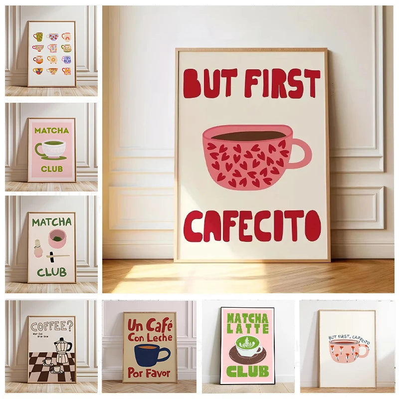 But First Cafecito Quotation Canvas Print Minimalist Matcha Club Spanish Wall Art Poster for Modern Living Room Cafe Home Decor Peaceful Pleasures Health and Wellness