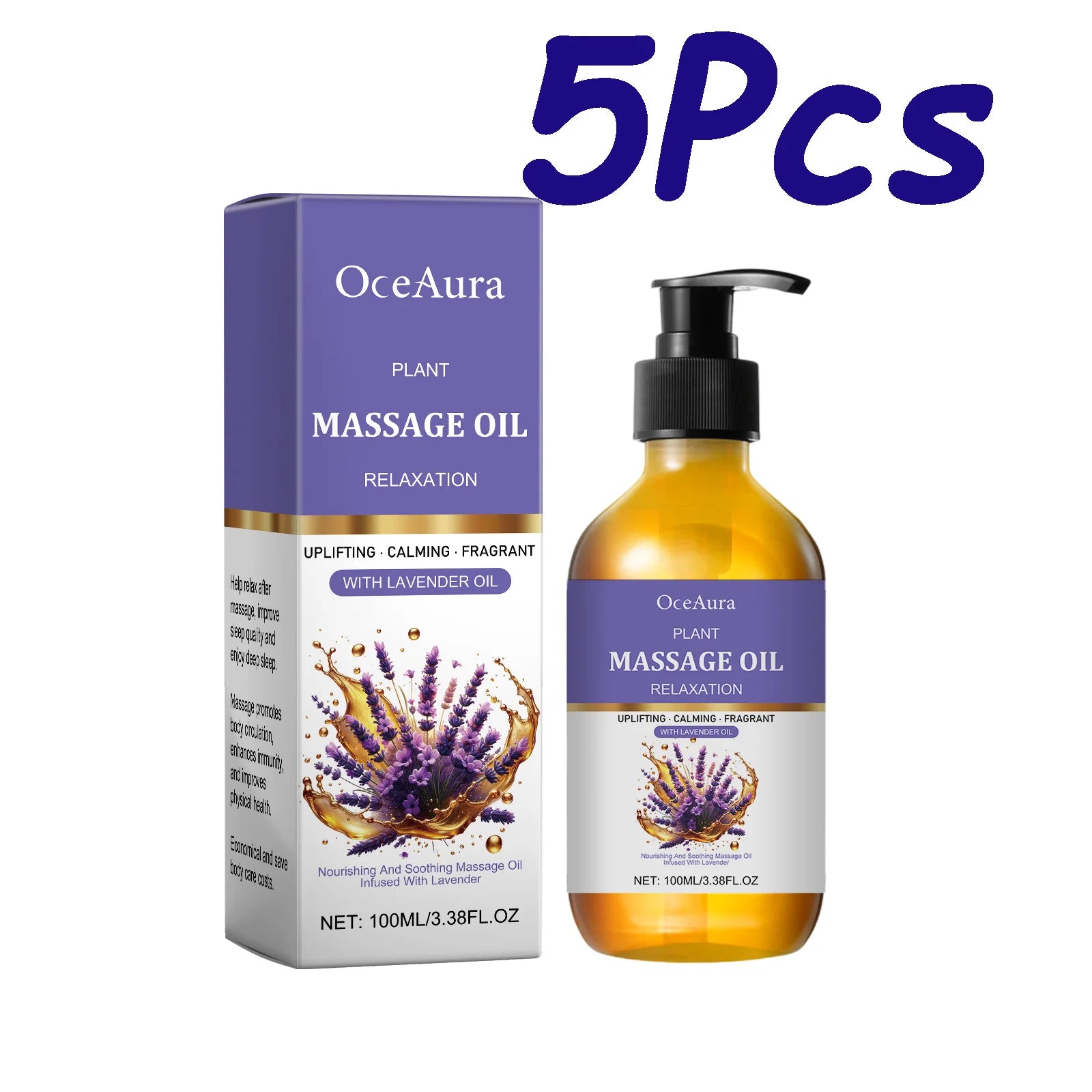 Lavender Massage Oil – Moisturizing Body Oil for Relaxation Peaceful Pleasures Health and Wellness 5 x 100ml Boxed