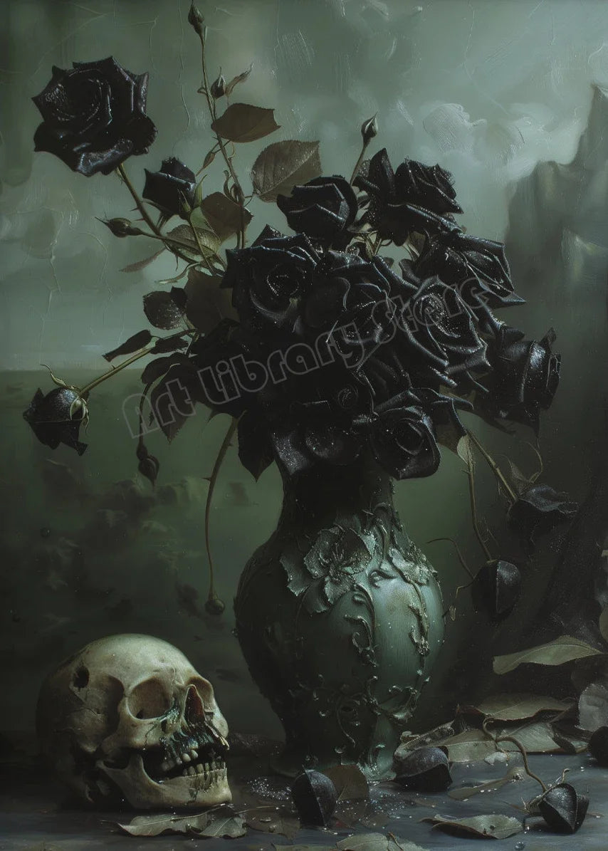 Dark Moody Victorian Witch Canvas Wall Art | Raven Skull Print