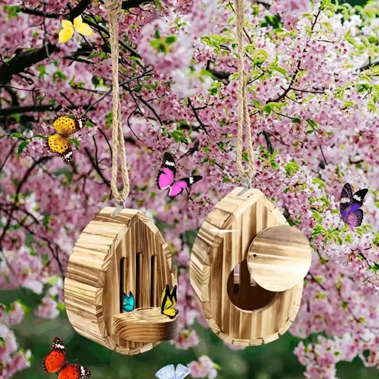 Wooden Teardrop-Shaped Butterfly House Natural Outdoor Decoration For Yard Patio Balcony Garden Pathway, Unique Garden Art Peaceful Pleasures Health and Wellness