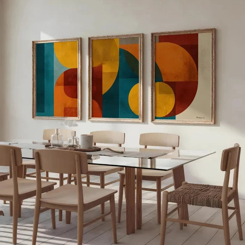 3-Piece Bauhaus Abstract Canvas Wall Art | Mustard Teal Orange
