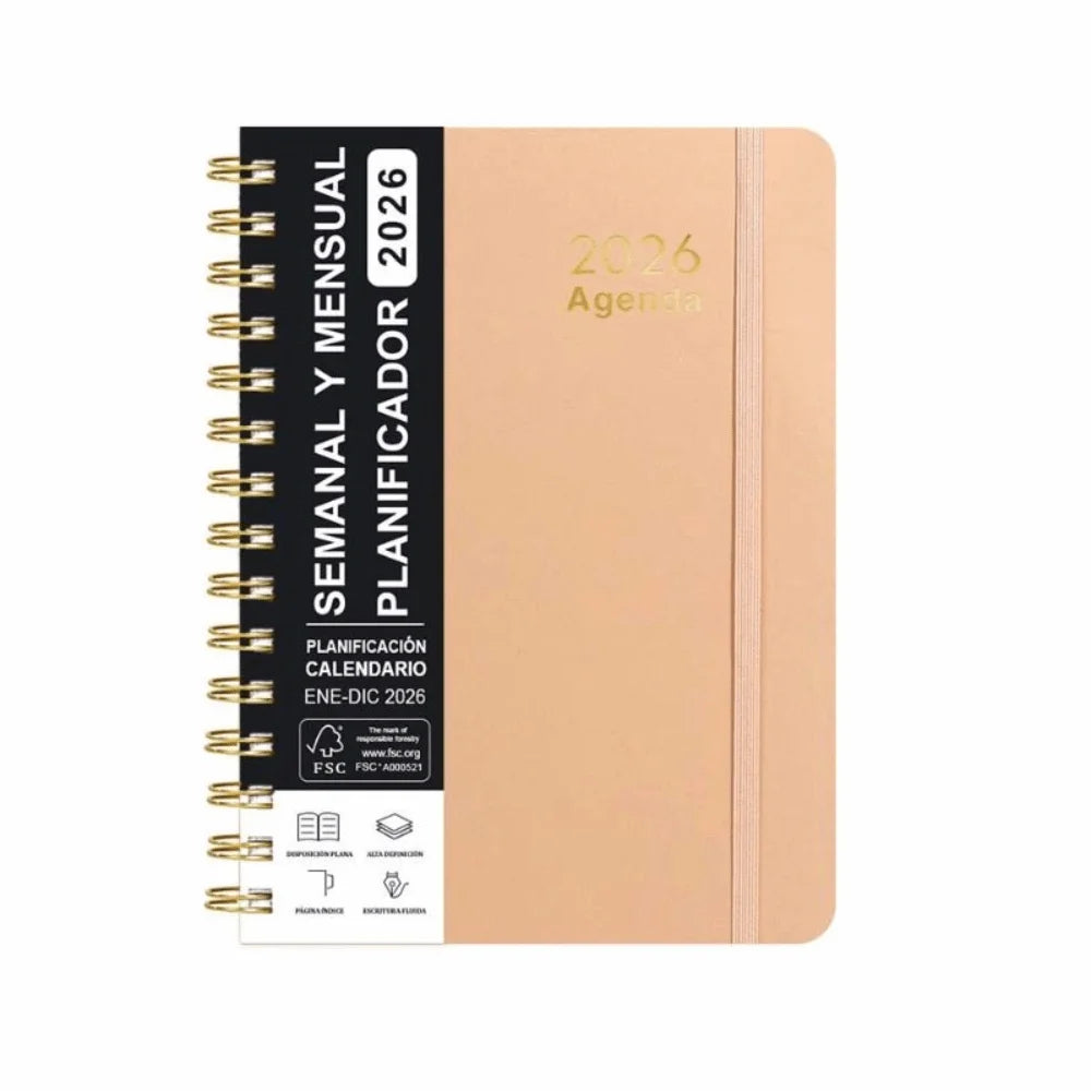 2026 Spanish Planner a5 Notebook Essential Daily Organizer Self-Tracking Diary Book Convenient Coil Calendar Peaceful Pleasures Health and Wellness Pink