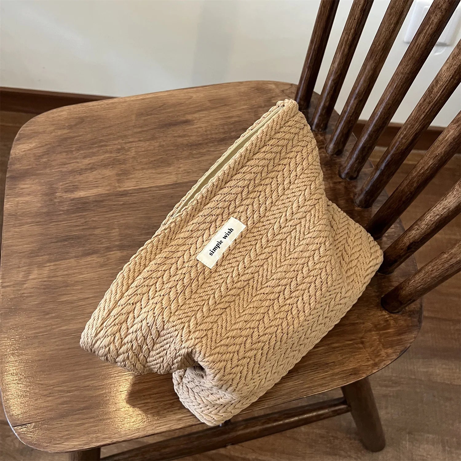Portable Handwoven Cotton Makeup Bag – Artistic Crochet Cosmetic Pouch with Zipper, Minimalist Clutch for Women Storage Bag Peaceful Pleasures Health and Wellness Brown 26x18cm
