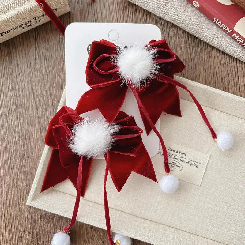 Girls Red Velvet Lace Bow Hair Clip | Korean Princess Hairpin