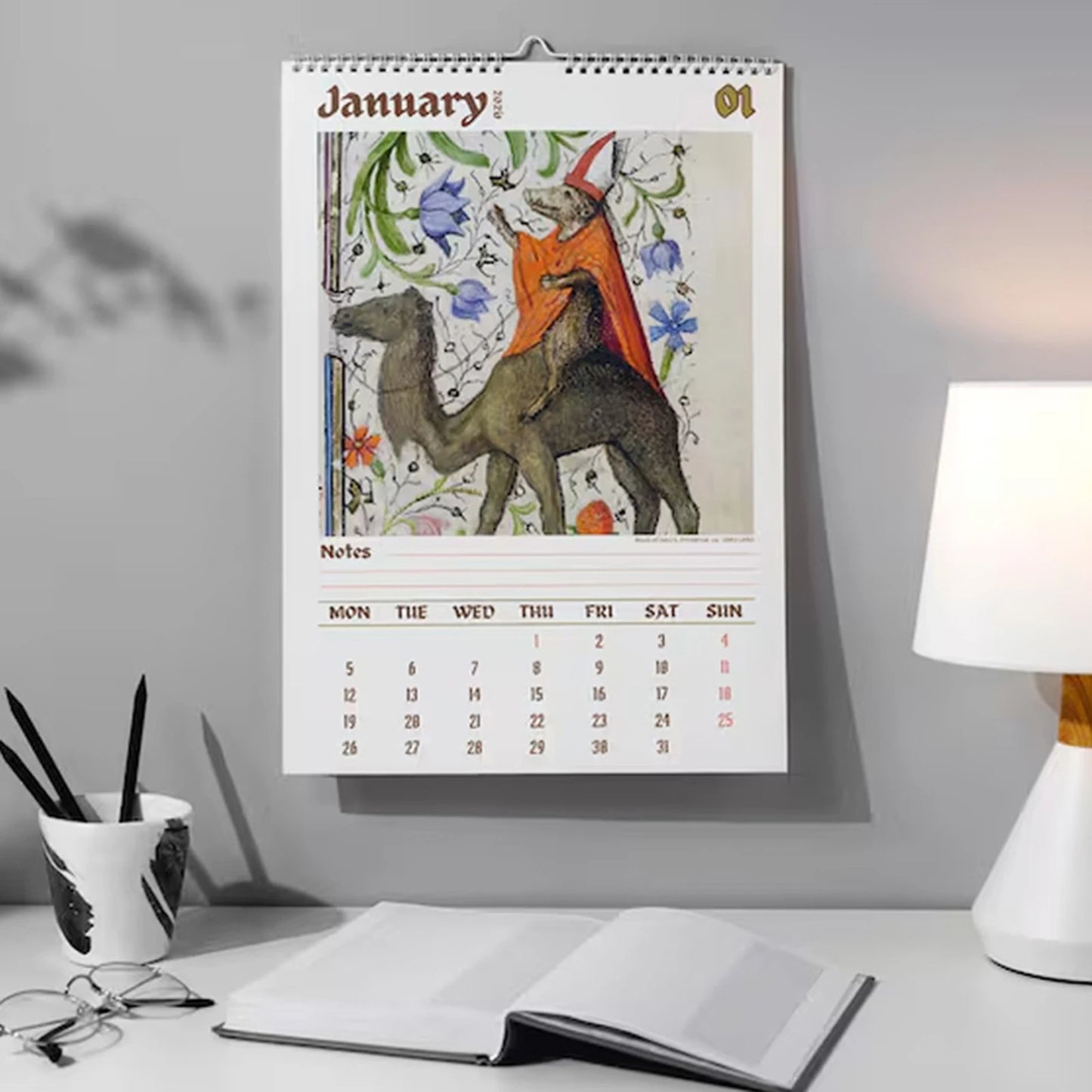 2026 Wall Calendar with Medieval Animal Theme Ugly Style Humorous Illustration Design for Office Home Decor and Gift Use Peaceful Pleasures Health and Wellness