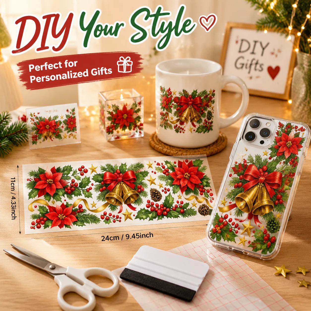 Christmas UV DTF Stickers – Poinsettia Bell Holly Berry Decals