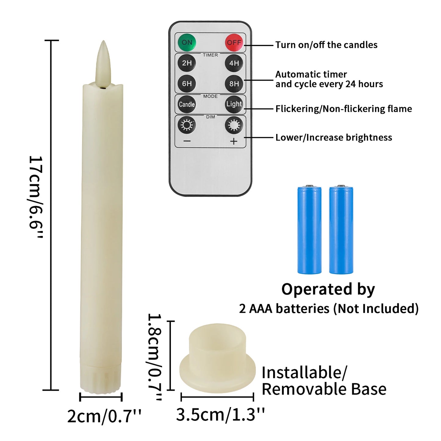 6Pc White/Ivory Flameless Taper Candles with Remote Timer Battery Operated Flickering LED Candle With Base for Indoor Home Decor Peaceful Pleasures Health and Wellness