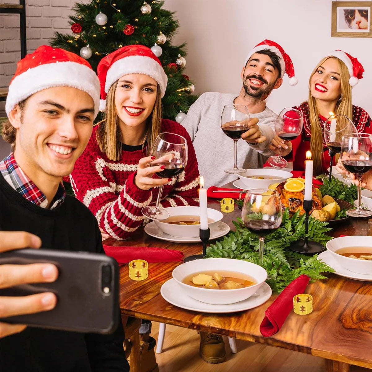 Napkin Rings Set for Christmas Winter, 6 PCS Christmas Hollow-Out Tree Rope Metal Home Table Decorations, for Kitchen Banquet Peaceful Pleasures Health and Wellness