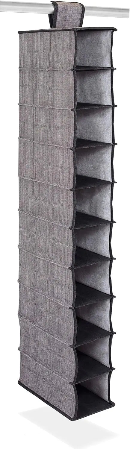 Gray hanging shoe organizer with multiple compartments on a white background