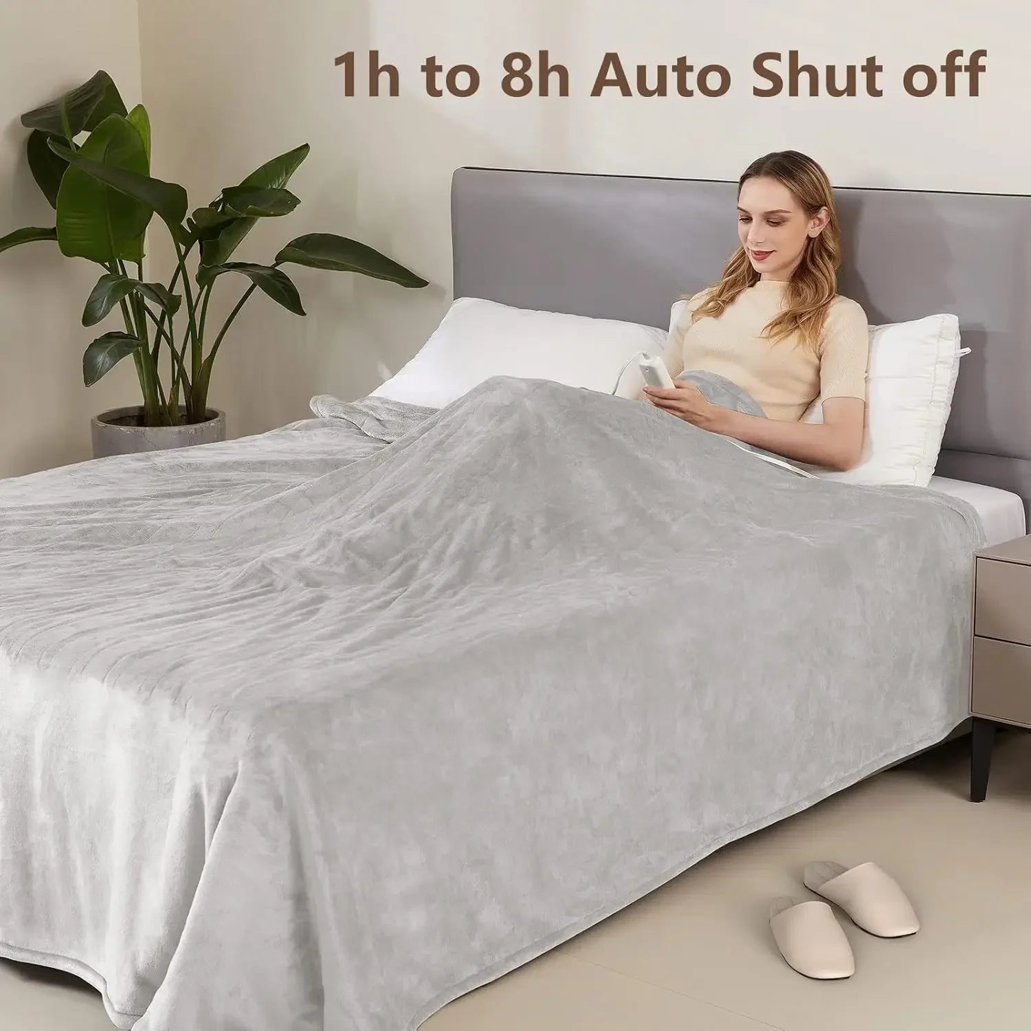 Queen Size Electric Heated Blanket with 6 Heat Levels, Auto Shut-Off, Ultra Soft Flannel, Machine Washable in Warm Gray Peaceful Pleasures Health and Wellness