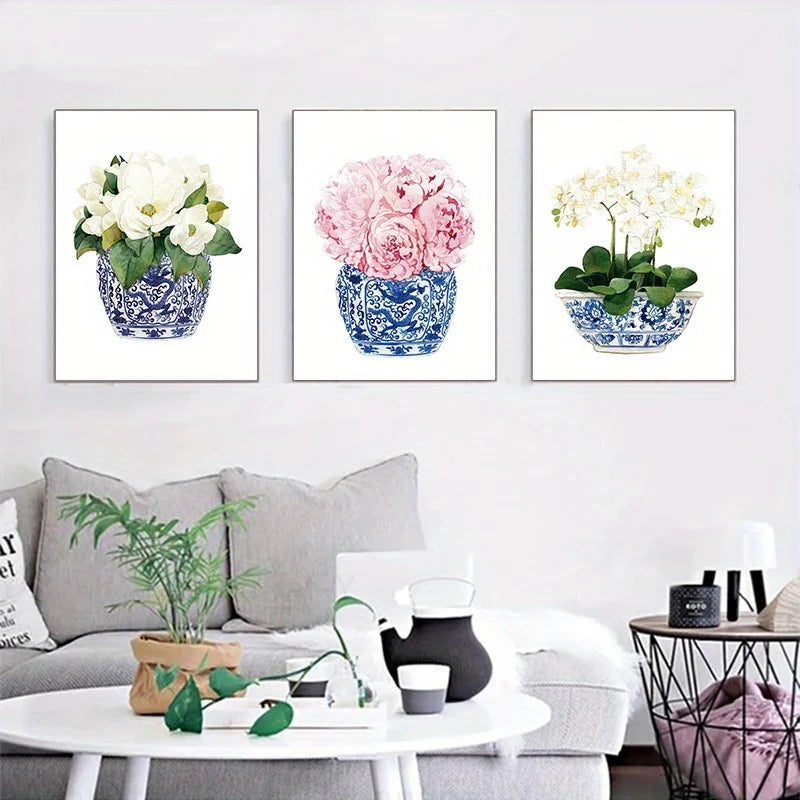 3-Piece Chinoiserie Canvas Print | Blue White Orchid Wall Art Canvas Wall Art Peaceful Pleasures Health and Wellness 70x100cm No Frame ZLH11311-3pcs