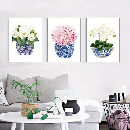3-Piece Chinoiserie Canvas Print | Blue White Orchid Wall Art Canvas Wall Art Peaceful Pleasures Health and Wellness 70x100cm No Frame ZLH11311-3pcs