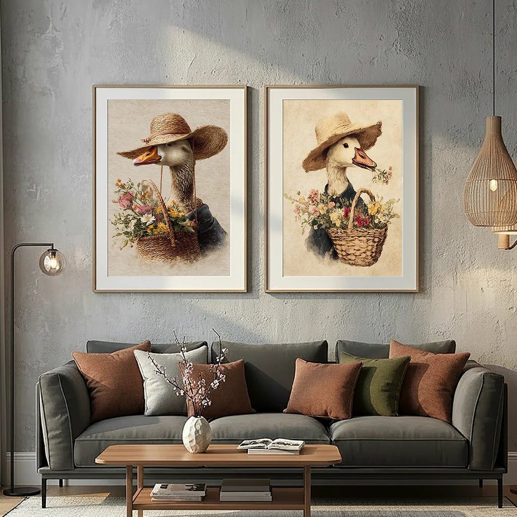 Vintage Animal Wall Art, Whimsical Duck Floral Canvas Painting, Cute Farm Mallard Poster Print for Bedroom Living Room Decor Peaceful Pleasures Health and Wellness
