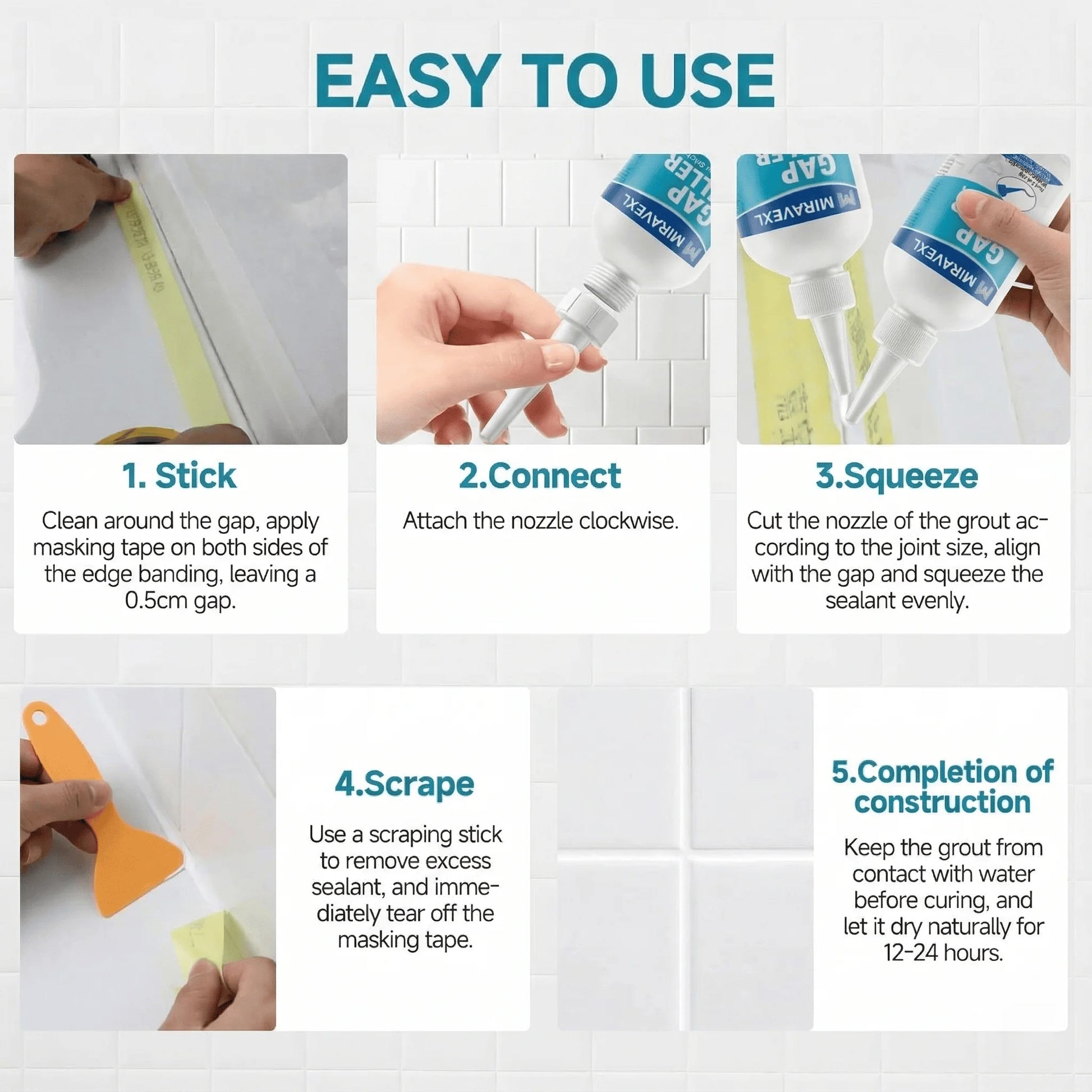 MIRAVEXL White Tile Grout Repair Kit Waterproof Shower Grout Filler Fast Drying Restore Tile Joints Bathroom Kitchen Tools Peaceful Pleasures Health and Wellness