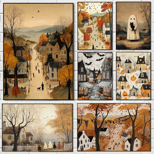 Halloween Ghost Town Canvas Wall Art | Whimsical Fall Print Canvas Wall Art Peaceful Pleasures Health and Wellness