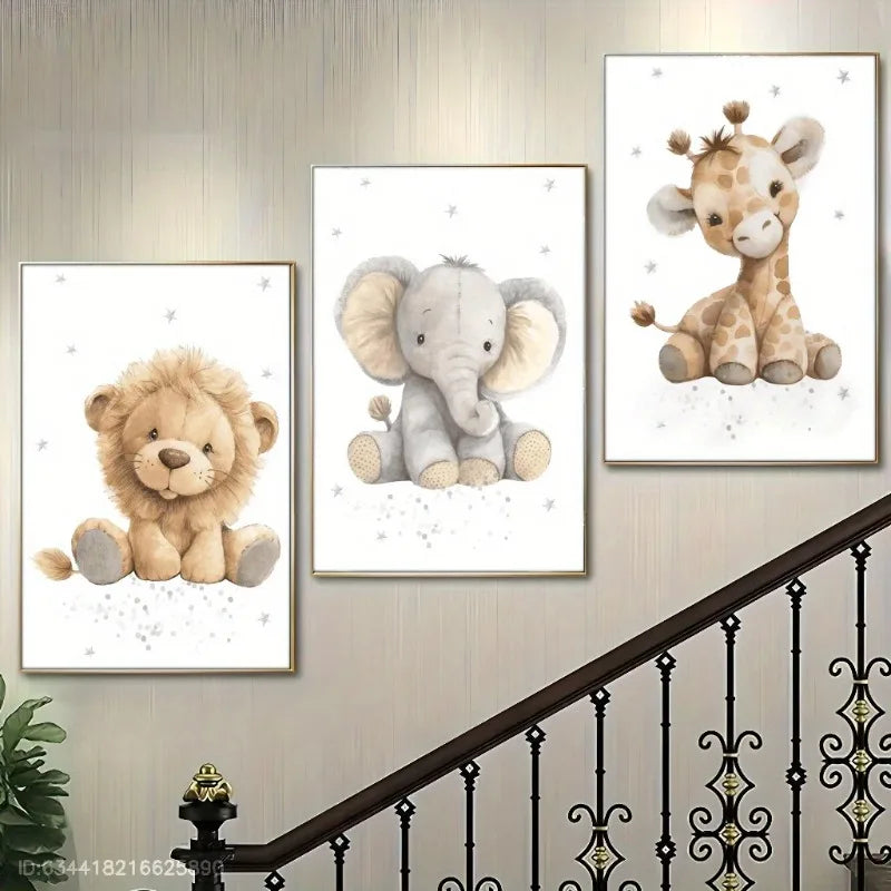 3pcs Frameless Canvas Posters, Prints Lion, Elephant, Giraffe, Stuffed Animals, Animal Cubs Pattern, Minimalist Home Wall Decor Peaceful Pleasures Health and Wellness
