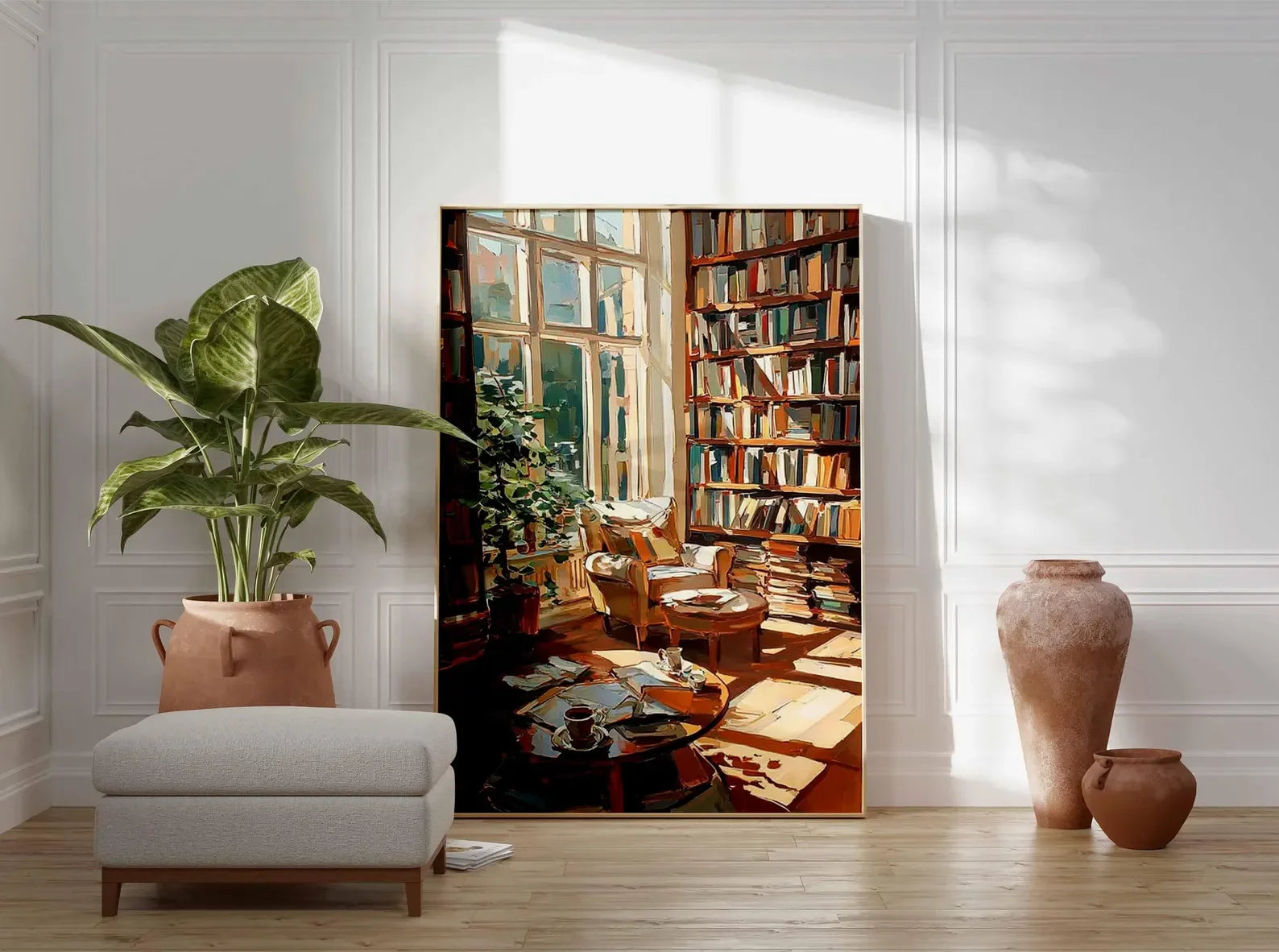Cozy Reading Room Art Print | Impressionist Library Poster | Book Lover Wall Art | Warm Home Decor | Rustic Study Painting Style Peaceful Pleasures Health and Wellness