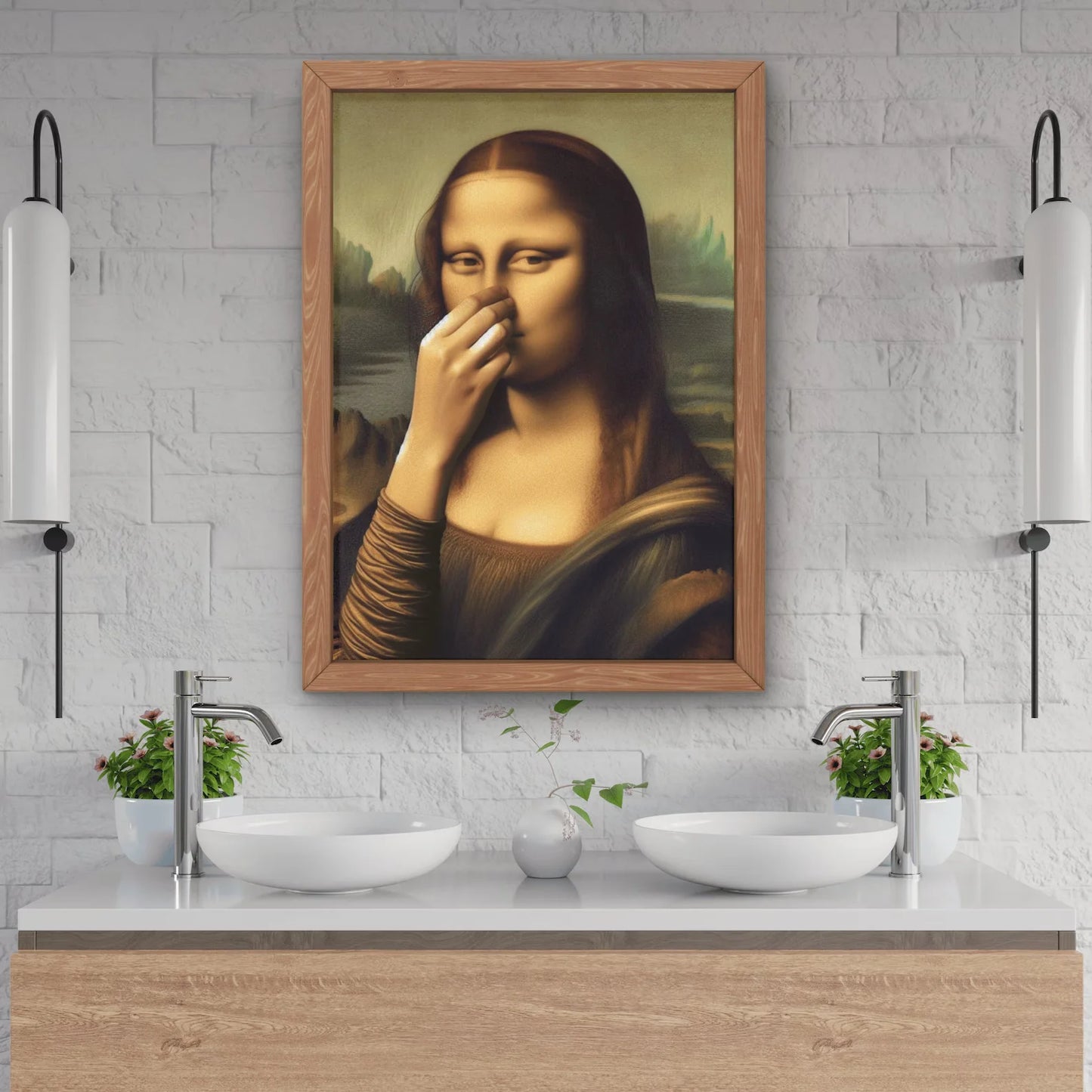 Parody Mona Lisa Bathroom Wall Art Decor Covering her Nose Vintage Bad Smell Poster Print Toilet Humor Funny Leonardo Davinci In Peaceful Pleasures Health and Wellness