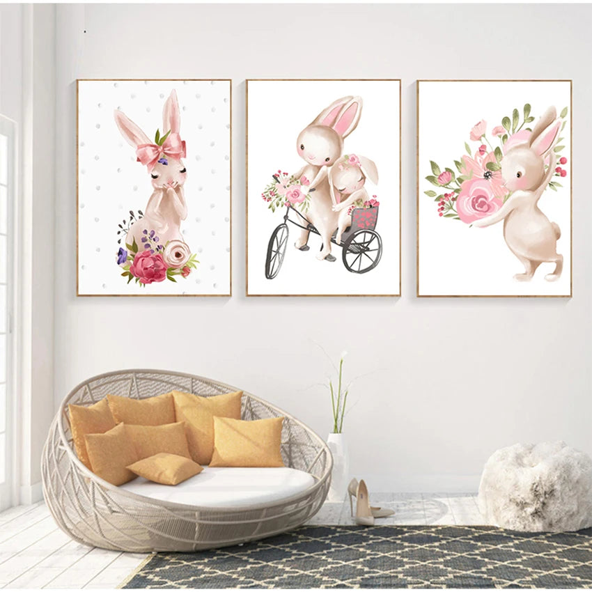 Pink Bunny Nursery Canvas Wall Art | Girls Baby Room Decor