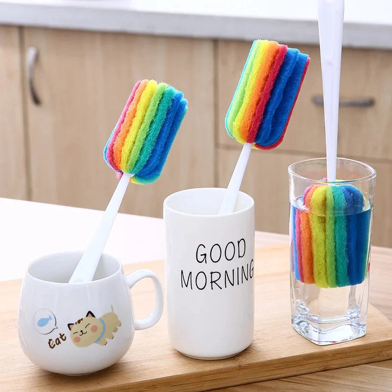 3Pcs Rainbow Sponge Brush Water Bottle Cup Mug Glass Washing Sponge Cleaning Brush Scrubber with Handle Cleaning Utensils Peaceful Pleasures Health and Wellness
