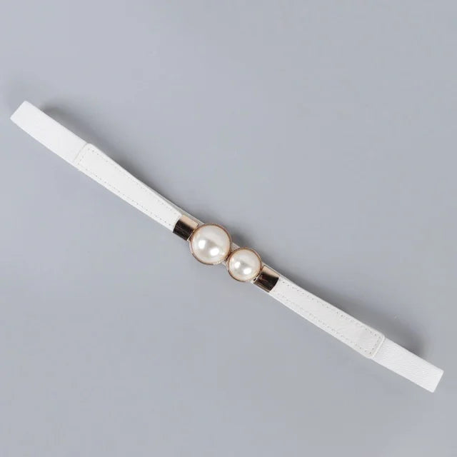 Elegant Double Pearls Buckle Elastic Women Belts Thin Straps Lady