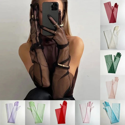 Women Ultra Tulle Gloves Mesh Sheers Full Finger Elbow Long Gloves Female Vintage Sunscreen Gloves Wedding Bride Dress Mittens Peaceful Pleasures Health and Wellness
