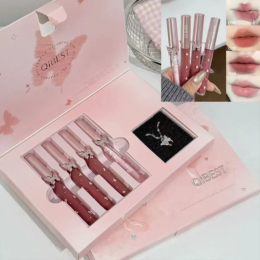 QIBEST New 4 PCs Soft Lip Colors Makeup Kits Include 3*Matte Liquid Lipstick And 1*Lip Balm Oil Cosmetic Sets With Necklace Gift Peaceful Pleasures Health and Wellness