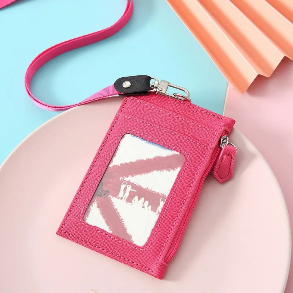 PU Leather Card Badge Holder Coin Purse Zipper Pocket Student Card Bag Work Business Wallet ID Card Holder Bus Bank Card Peaceful Pleasures Health and Wellness Rose Red