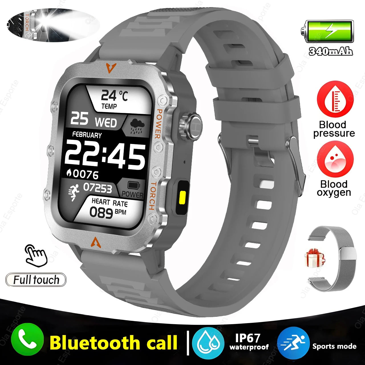 Military Smartwatch Men – Bluetooth Call, LED Flashlight, 3ATM
