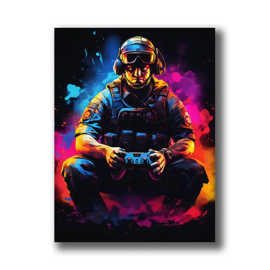 Neon Gaming Canvas Wall Art | Gamepad & Character Poster