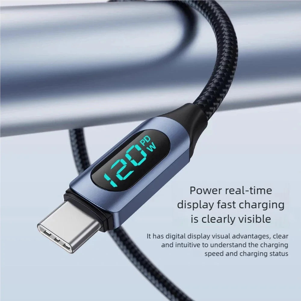 120W USB-C Fast Charging Cable | LED Display & Nylon Braided