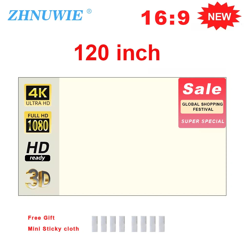 ZHNUWIE Projector Screen White Grid Anti-Light 16:9 Projection Screen For Home 72 84 100 120 133 Inch Portable Reflective Cloth Peaceful Pleasures Health and Wellness 120 inch