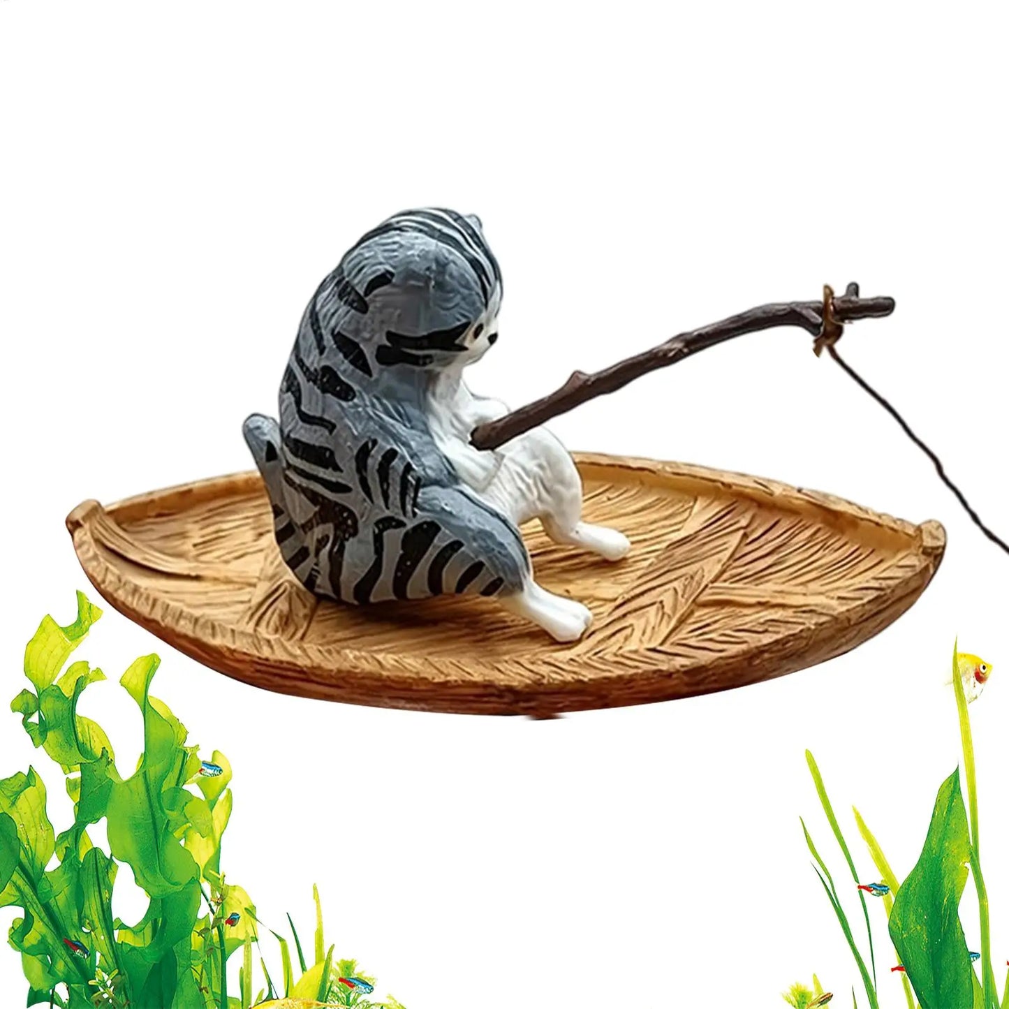 Resin Cat Fishing Boat Aquarium Ornament | Fish Tank & Pond
