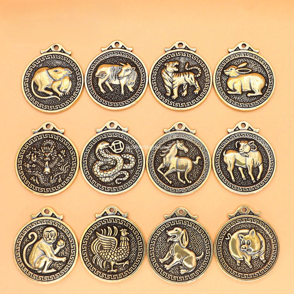 Brass Chinese Zodiac Keychain Pendant | Retro Lucky Coin Gift
