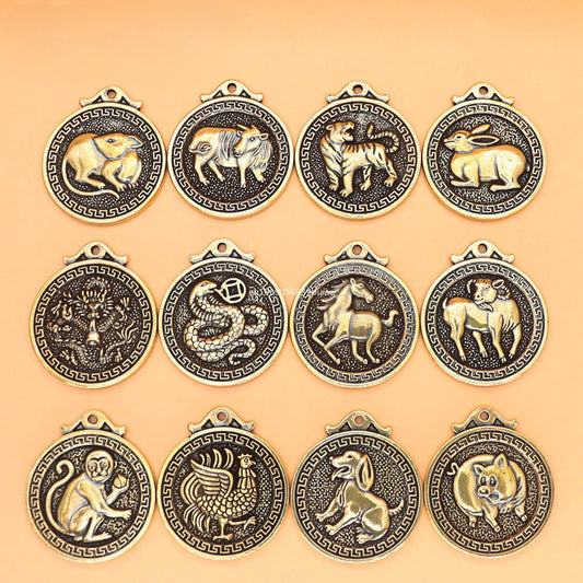 Brass Chinese Zodiac Keychain Pendant | Retro Lucky Coin Gift Zodiac Keychain Pendant Peaceful Pleasures Health and Wellness