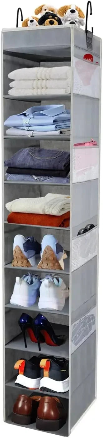10-Shelf Hanging Shoe Organizer – 8 Side Pockets, Grey Home Organization Peaceful Pleasures Health and Wellness United States