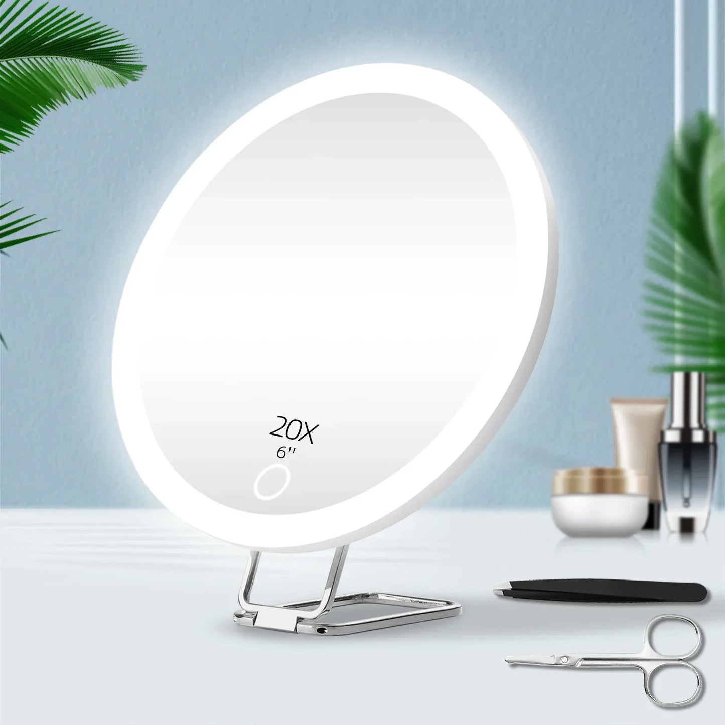 6 Inch Magnifying Mirror with Light 5-30X Portable Travel Magnified Mirror with 360° Adjustable Stand and Suction Cup Peaceful Pleasures Health and Wellness 20X- White