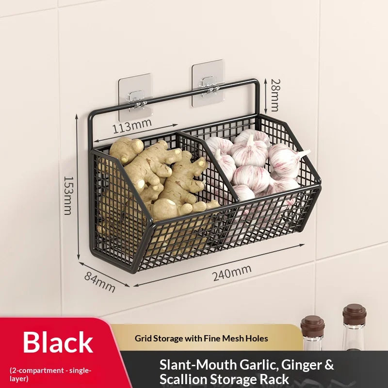 Space Saving No Drill Wall Mounted Organizer for Ginger Garlic Onion Storage Ideal for Kitchen Small Apartment Cooking Use Peaceful Pleasures Health and Wellness 2 Grids Black