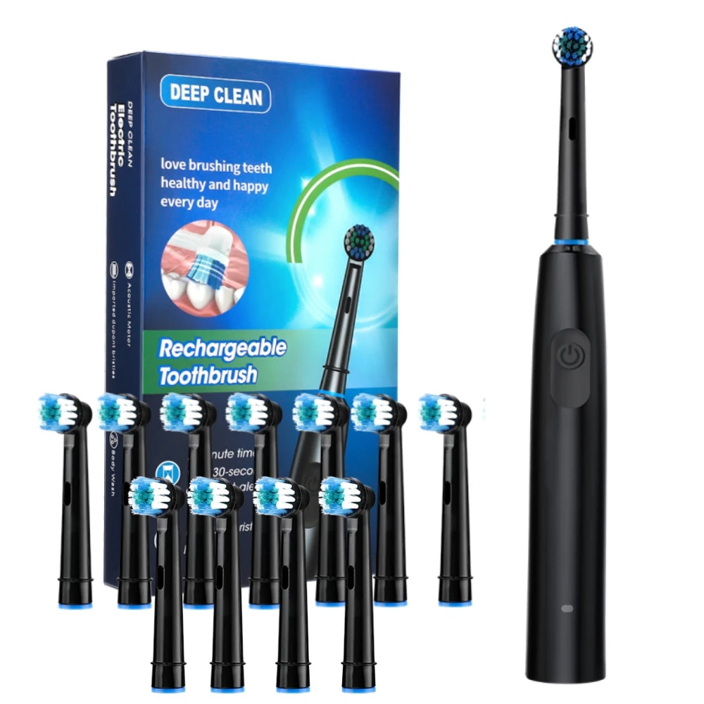 Electric Toothbrush Rotary Rechargeable Teeth Cleaner for Adults Soft Bristles Rotating Round Brush Heads Smart Timer Toothbrush Peaceful Pleasures Health and Wellness Black 12pcs heads