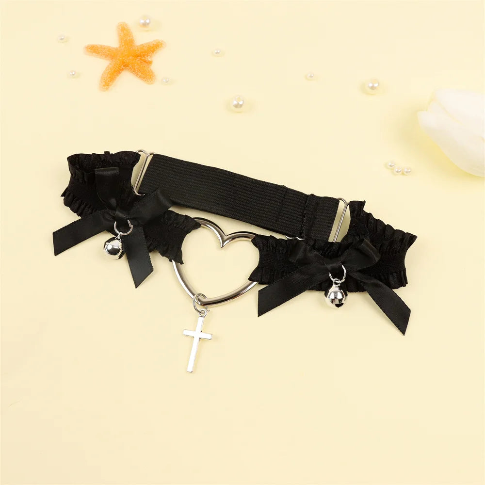 Lolita Lace Garters Leg Belt Punk Cross Heart Bow Ring Goth Elastic