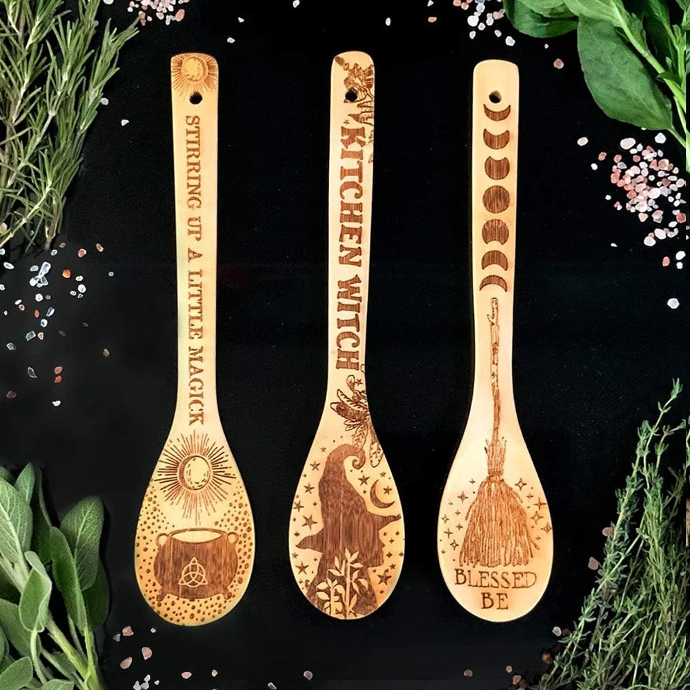 Witchy Bamboo Wooden Spoon Set | Eco-Friendly Kitchen Witch Gift Bamboo Kitchen Utensils Peaceful Pleasures Health and Wellness
