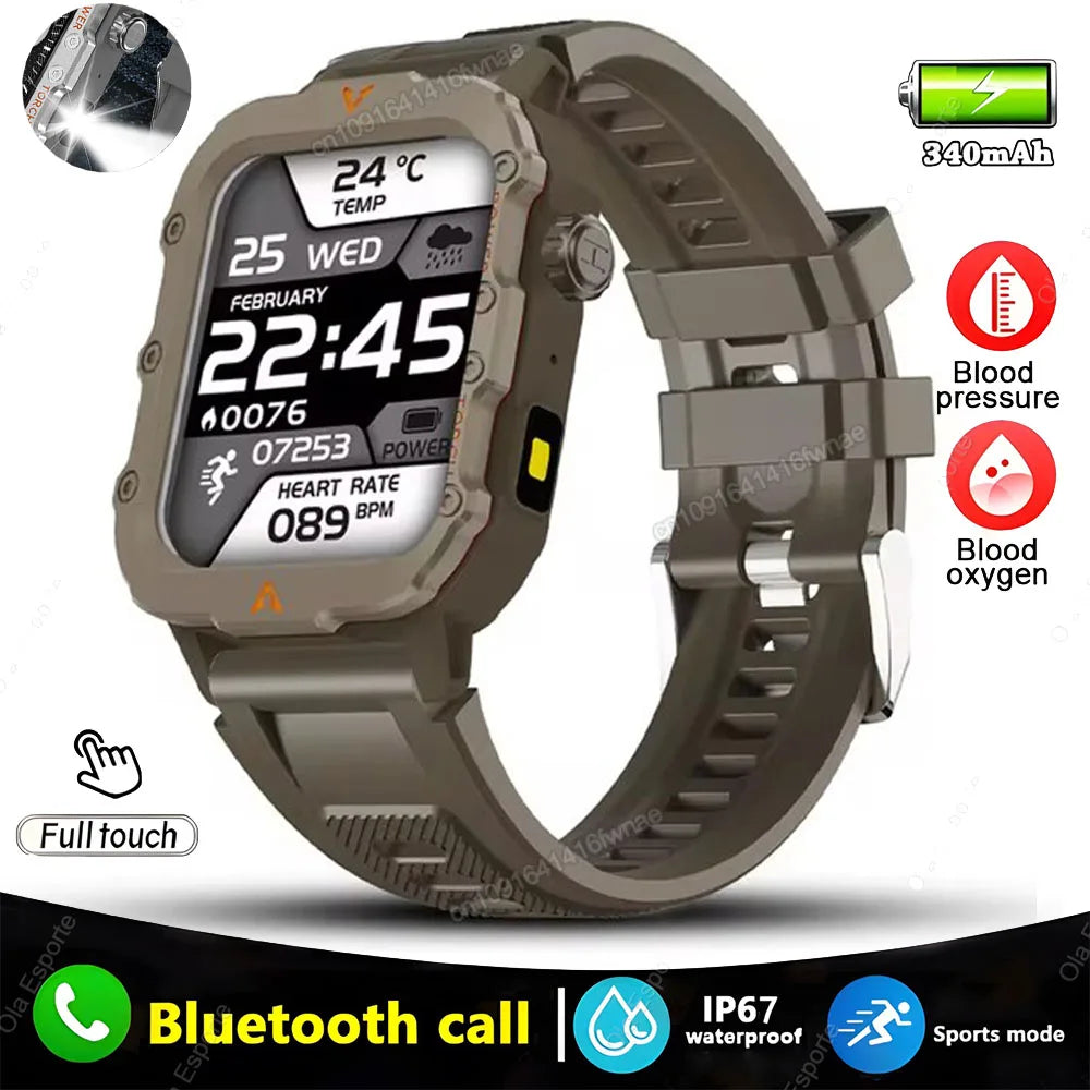 Outdoor Military GPS Smart Watch Men Flashlight Waterproof Outdoor Sports Tracker Bluetooth Calls Smartwatch Man Women 2025 New Peaceful Pleasures Health and Wellness Brown Q11