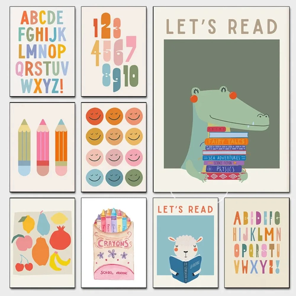 Kids Colorful Reading Canvas Wall Art | Unframed Children's Poster