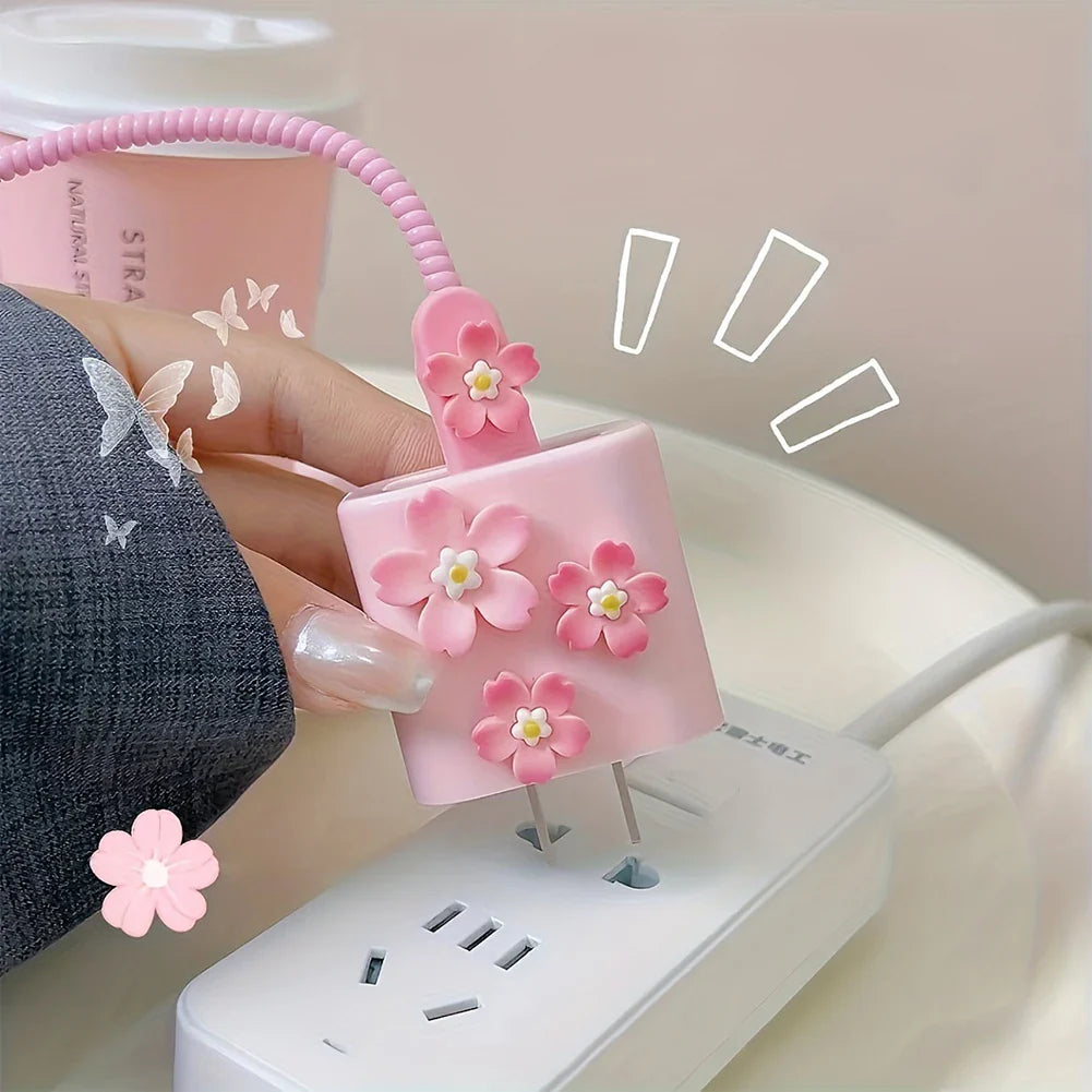 3D Pink Flower Cable Protector Sleeve for iPhone – 4 Pcs