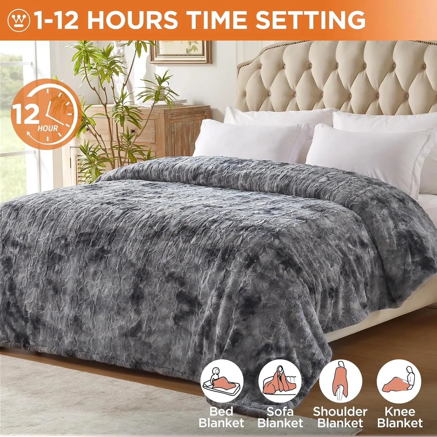 Queen Size Heated Blanket – 10 Heat Levels, Sherpa & Faux Fur (84" x 90", Grey) Peaceful Pleasures Health and Wellness