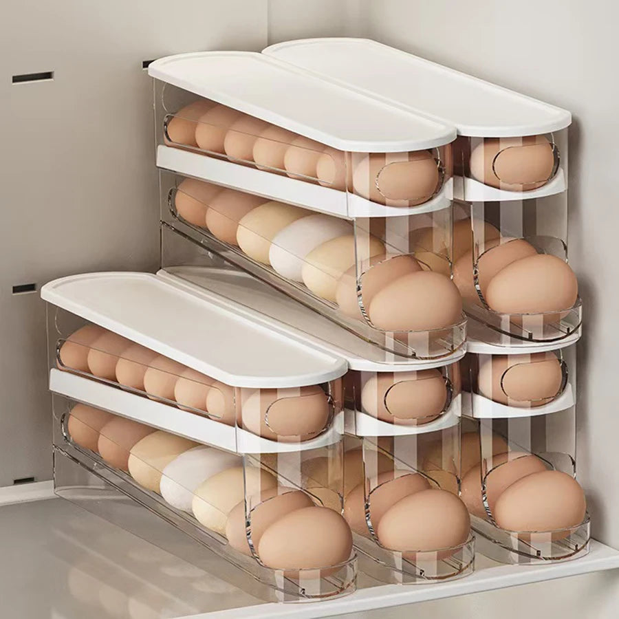 Automatic Rolling Egg Holder for Fridge – Stackable Egg Organizer & Dispenser Rack