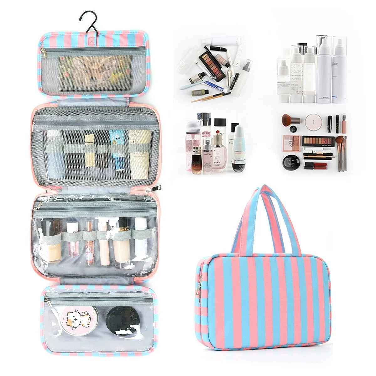Large Striped Travel Toiletry Bag with Hook | Foldable Organizer Travel Toiletry Bag Peaceful Pleasures Health and Wellness