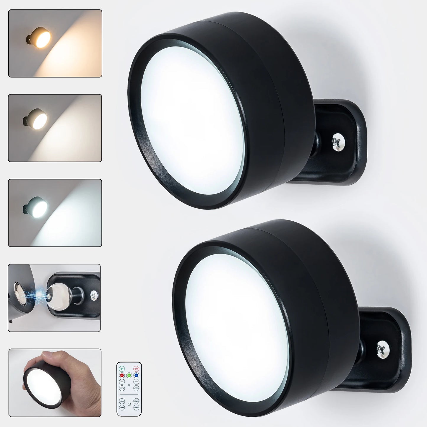 GGbingo LED Magnetic Wall Sconce Lights Dimmable Wall Mounted Lights with Remote, 360° Rotation Wall Mount Lamp for Bedroom Peaceful Pleasures Health and Wellness 2PCS Black 3000-4000-6000k
